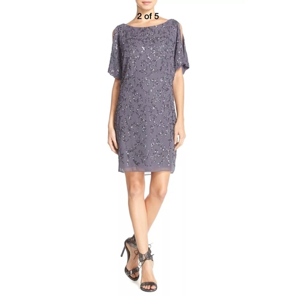 NEW Aidan Mattox Cold Shoulder Embellished‎ Shift Dress Gunmetal [SZ 8 ] - Picture 3 of 6